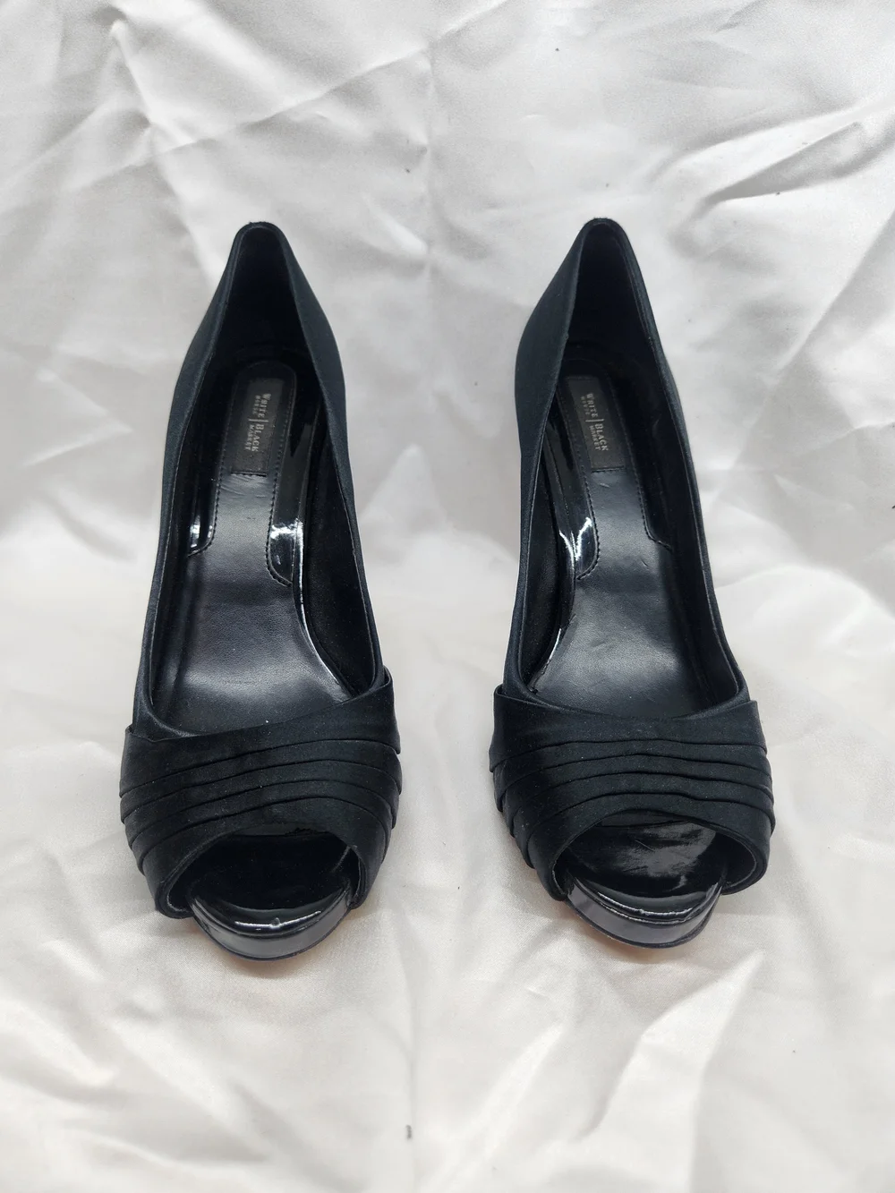White House Black Market Black Peep-Toe Pleated Satin Heels